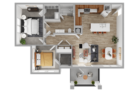 Floor plan for 2 beds, 1 bath, 908 sqft